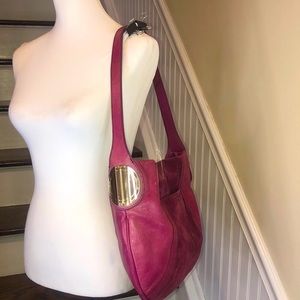 B MAKOWSKY Purple Leather & Suede Hobo Bag with Leopard Ocelot Print Lining